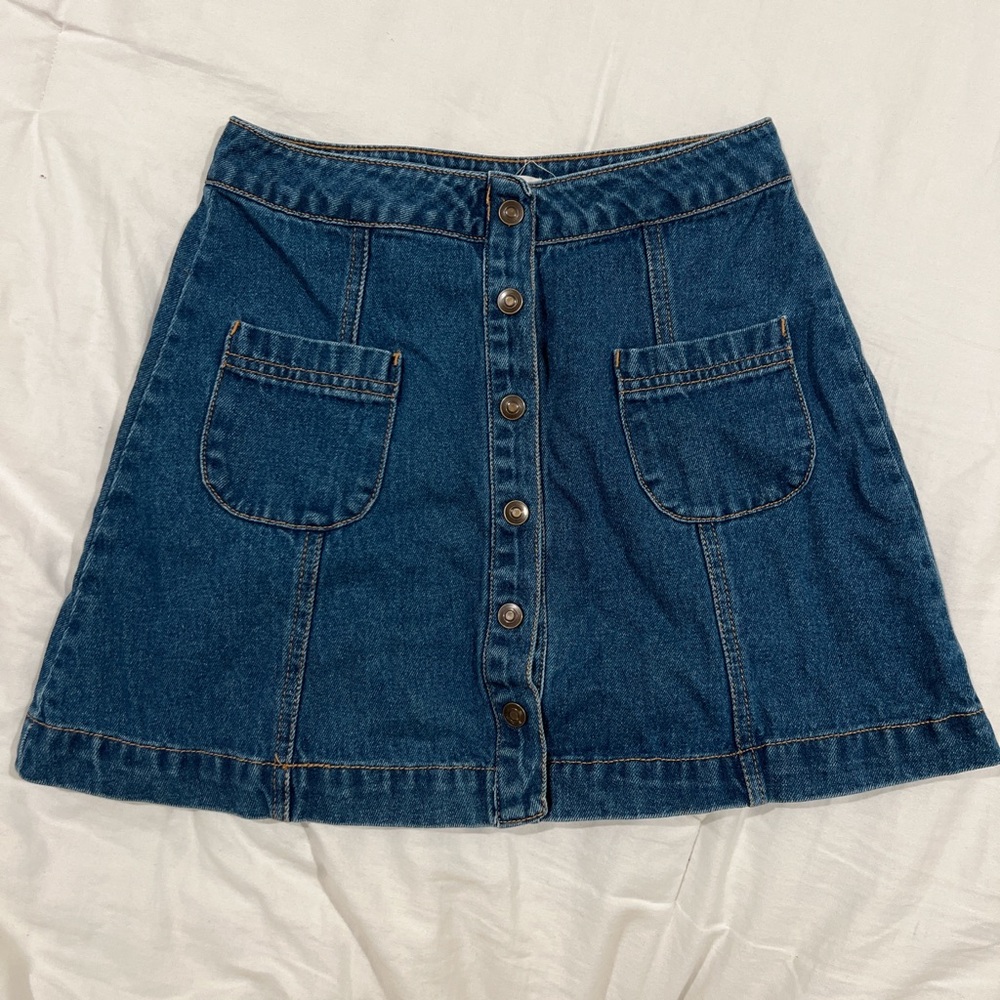 denim button front mini skirt